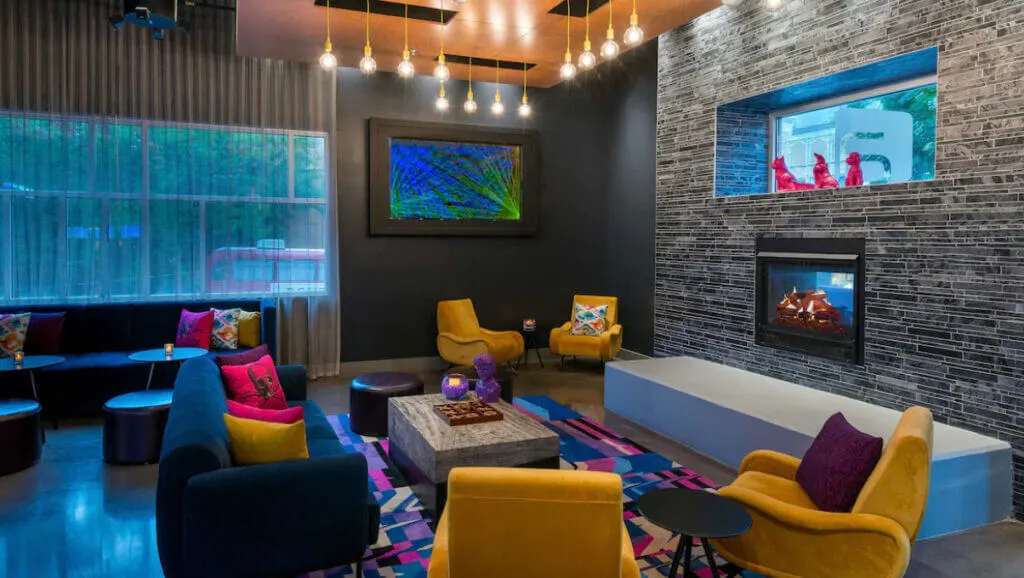 Seating area at unique Asheville lodging Aloft Downtown