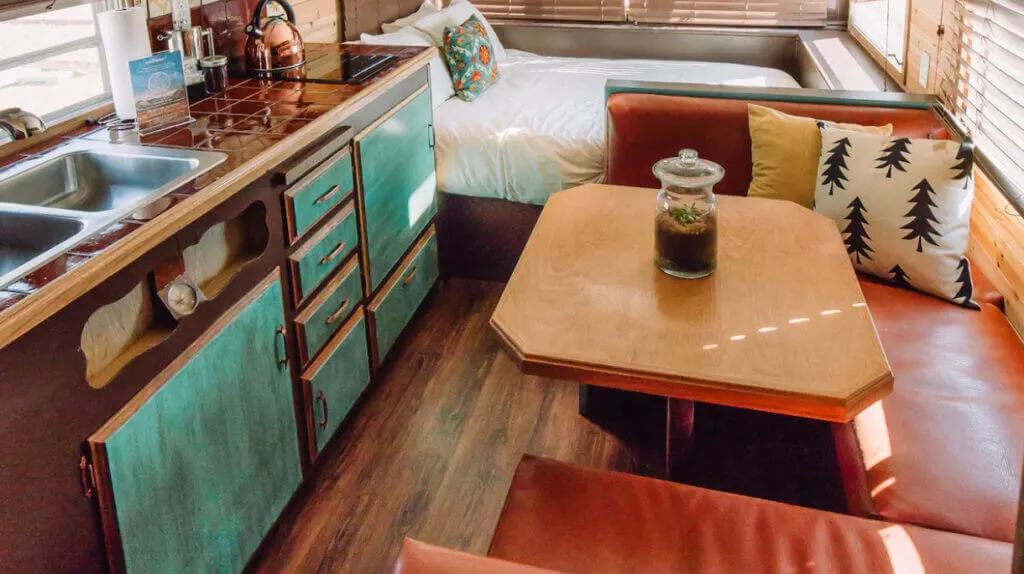 interior of travel trailer at unique hotel Hotel Luna Mystica