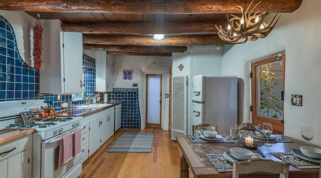 Kitchen interior at cool place to stay in NMHistoric Canyon Road Adobe