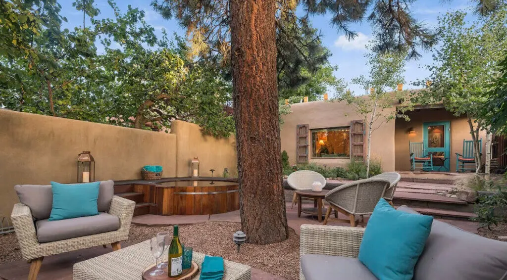 Exterior seating area at Historic Canyon Road Adobe, Santa Fe