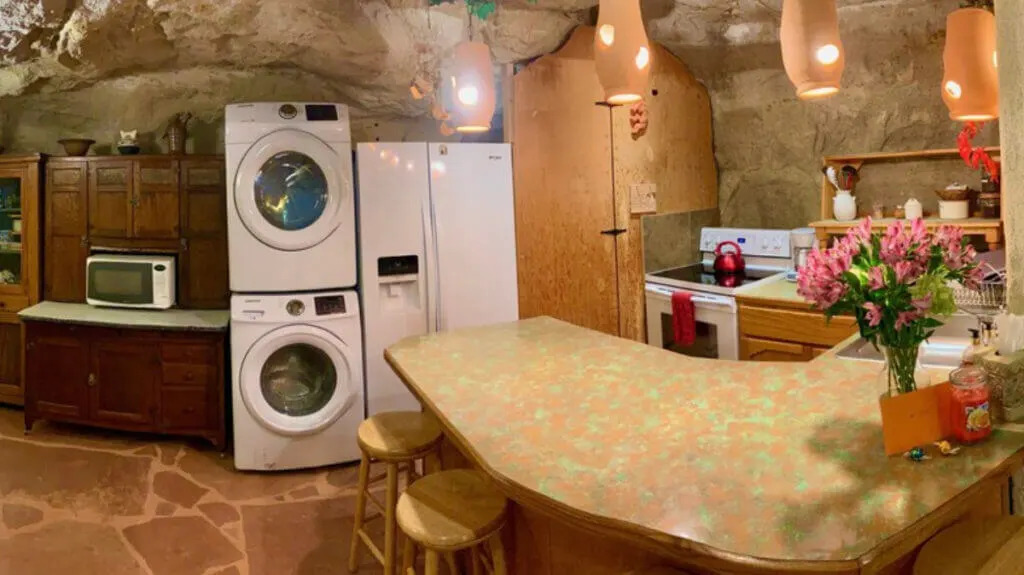 Kitchen of unusual lodging in NM, Kokopelli’s Cave