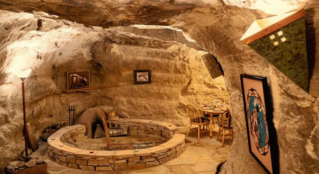 Kive (fireplace) at Kokopelli’s Cave, New Mexico unusual places to stay in the US