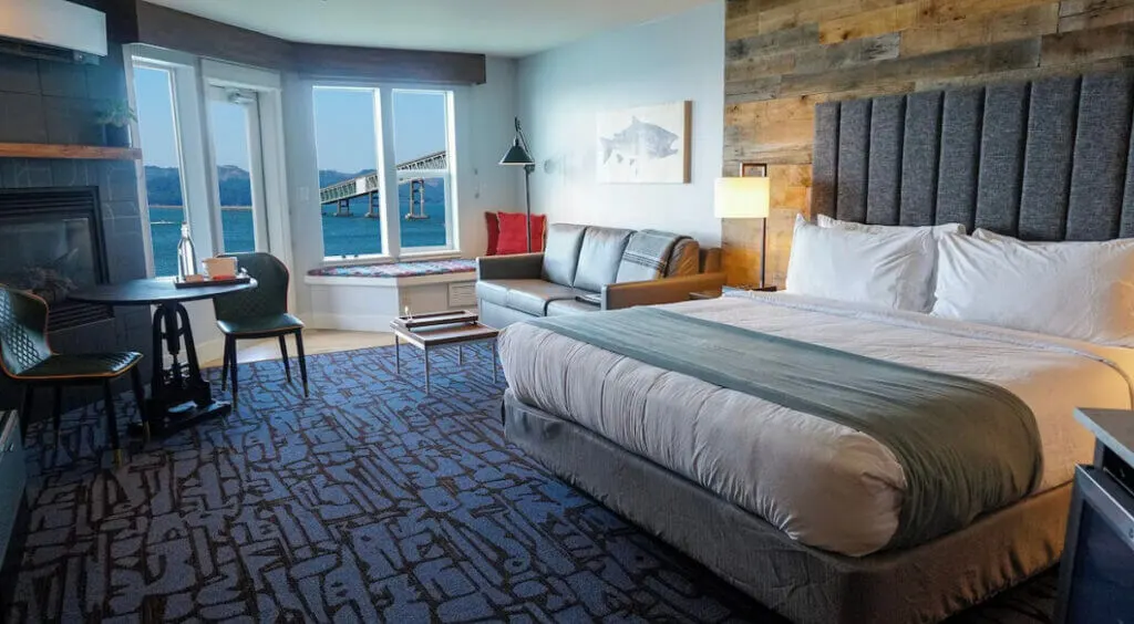 cool room interior with river views at Cannery Pier Hotel & Spa in Oregon