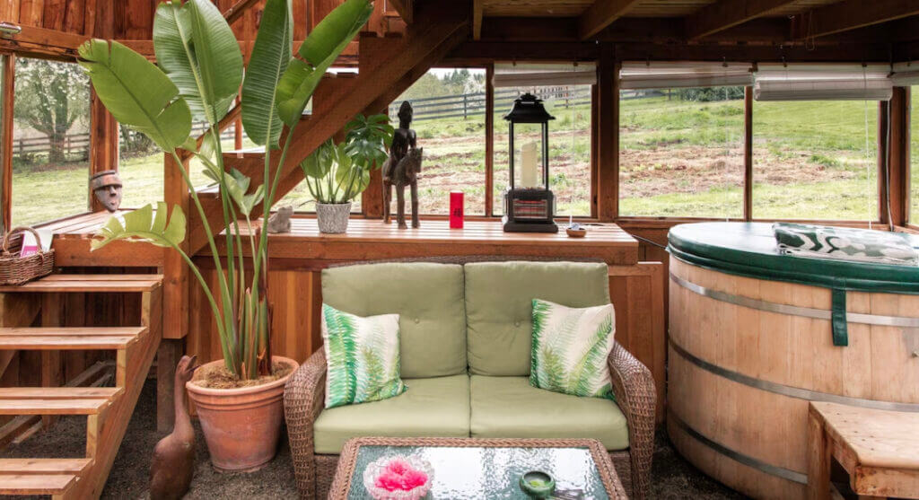 interior of cabin at The Bali House, Silverton, Oregon
