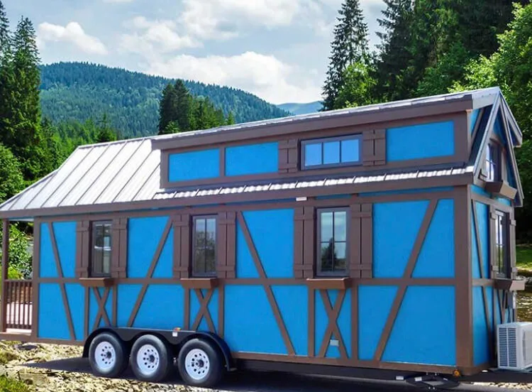 Tiny home exterior with mountain view at Leavenworth Tiny House Village