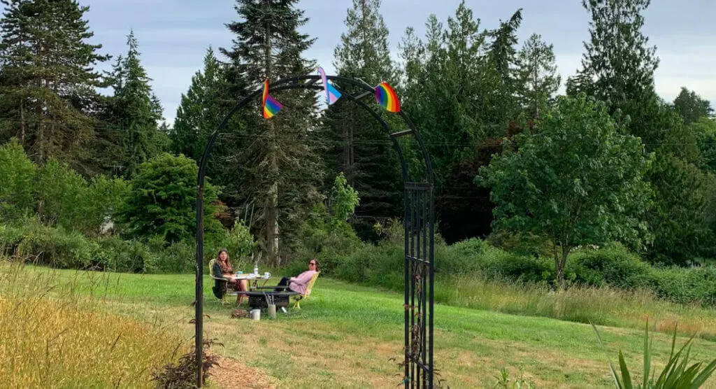 Seating area and fire pit at Hobbit Home, WA