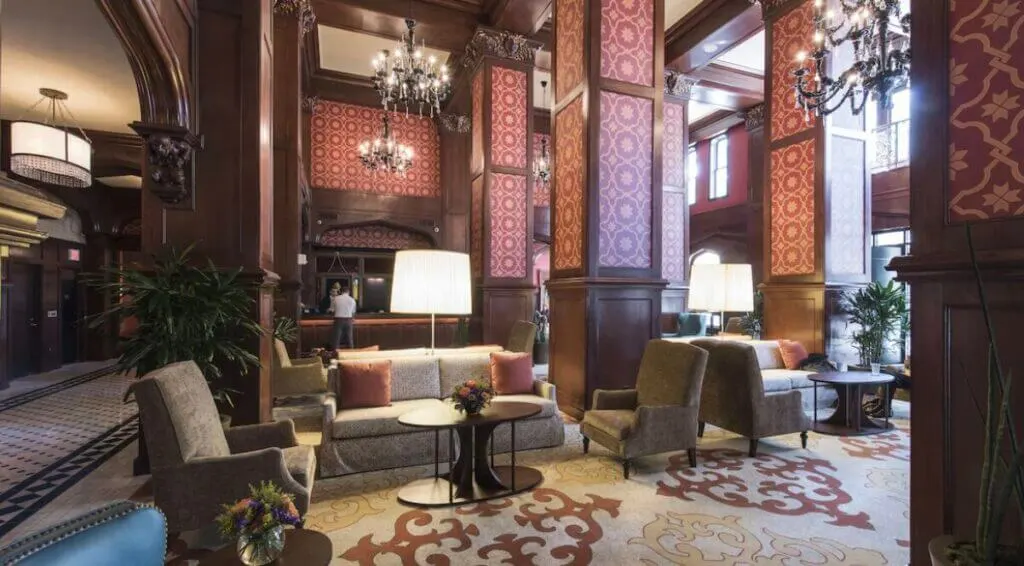 lobby and seating area at The Skirvin, Oklahoma City cool hotel