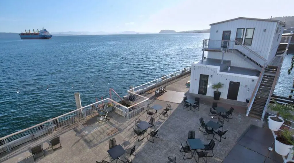 deck view at the Bowline Hotel in Astoria Oregon overlooking the water
