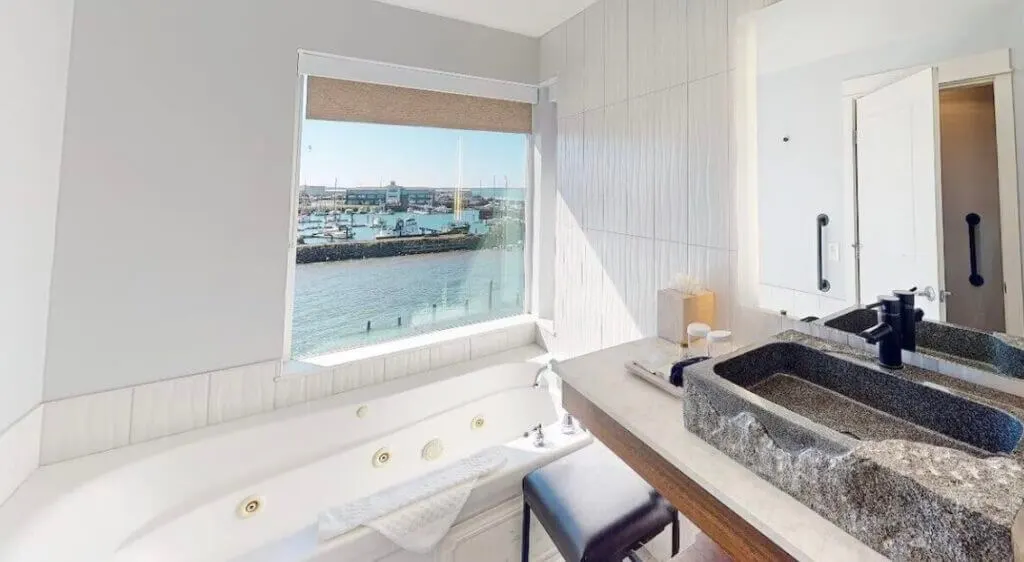 one of the most unique places to stay in Oregon with a view from the bathtub Cannery Pier hotel