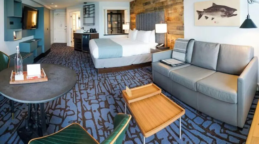 large spacous hotel room with oregon coast decor Cannery Pier hotel Astoria