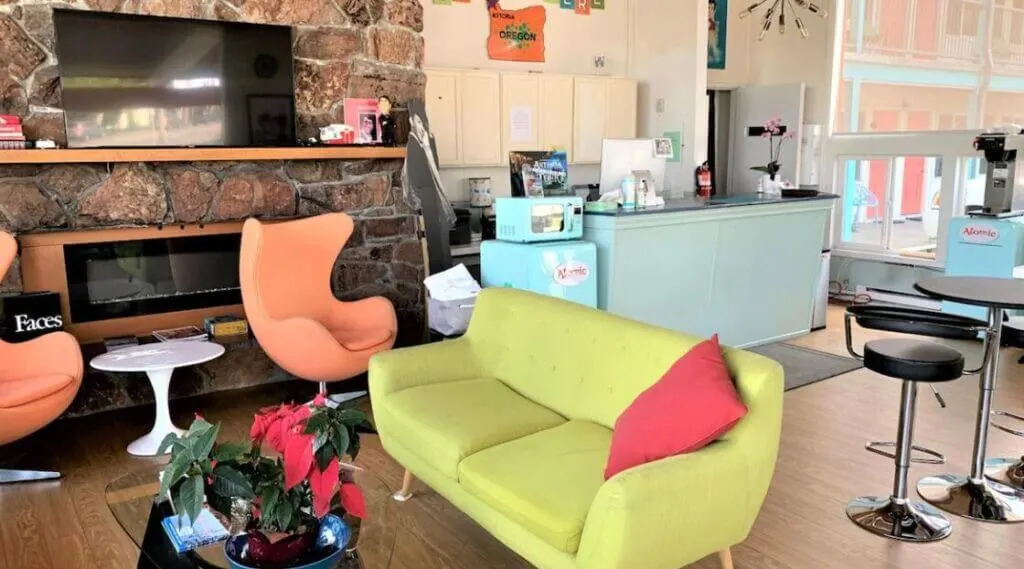 lobby with retro and vintage furniture at Atomic Hotel Astoria OR