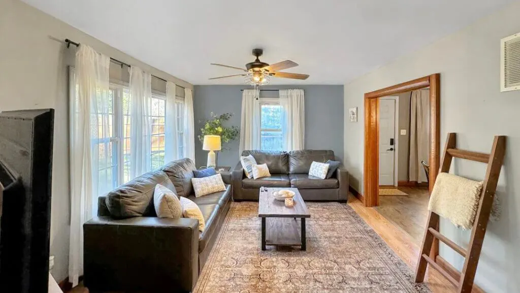 spacious living room at Brookside cabin rental with hot tub in Brown County IN
