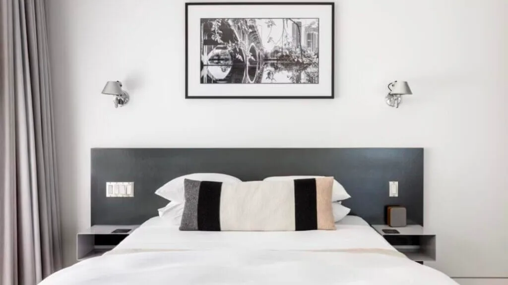 black and white hotel room interior at Frame Hotel in Austin Texas