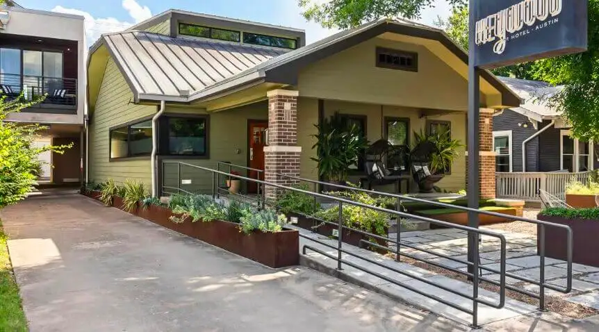 Exterior of unique Texas hotel, Heywood Hotel in Austin Texas