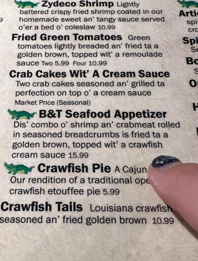 Boudreau & Thibodeau's Cajun Cookin' Restaurant menu writtten in cajun accent