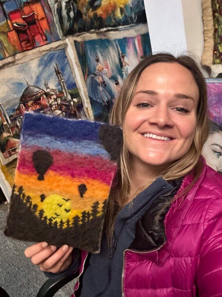 needle felting workshop in Tbilisi, Georgia final result sunset with hot air balloons