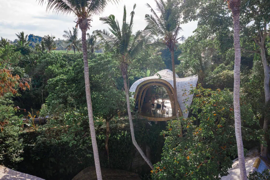 Yoga shala clifftop Ulaman Bali hotel jungle drone view
