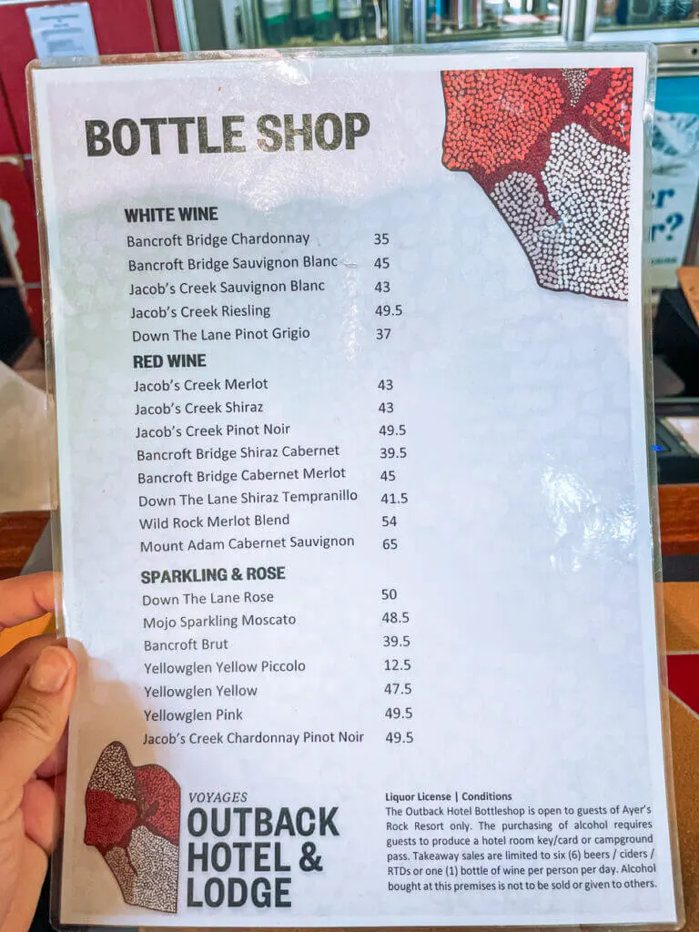 Most recent bottle shop prices at Outback Lodge Ayers rock resort