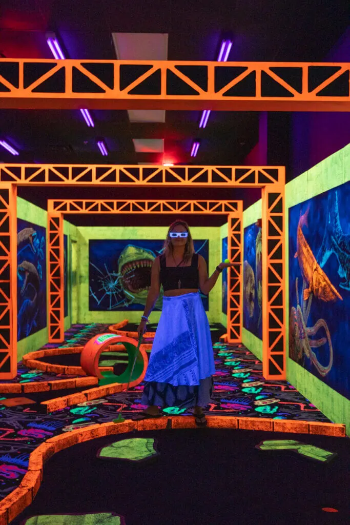 3D, Blacklight, Glow in the Dark, Dinosaur-Themed Mini Golf Jurassic GOlf unique things to do in Gulf Shores Alabama