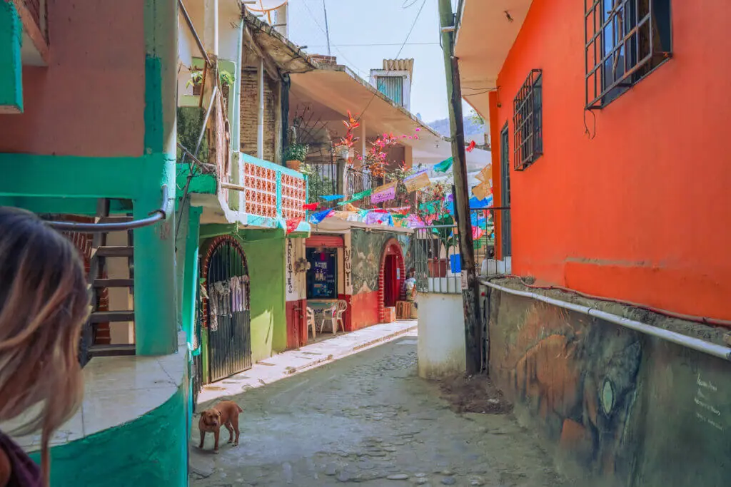 Vibrant streets of Yelapa MExico cobblestone streets restaurants colorful flags