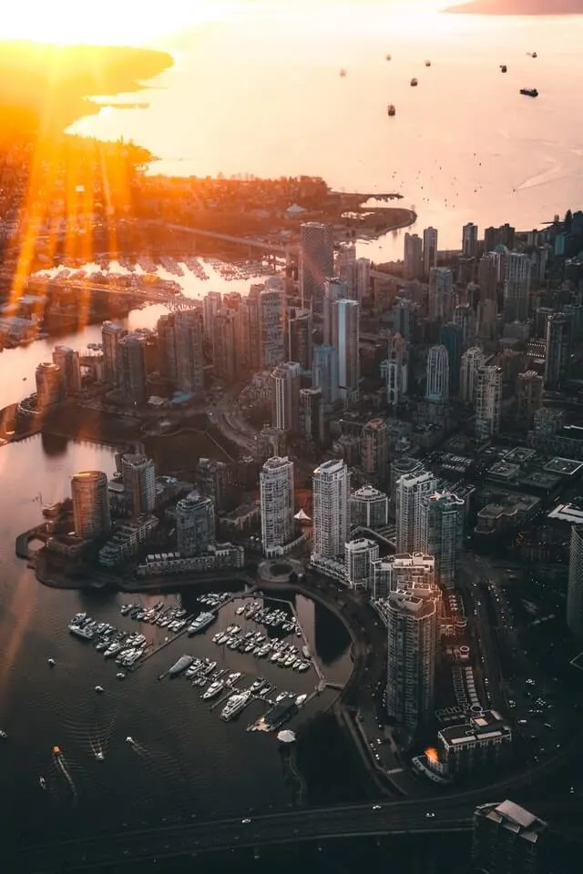 Vancouver Canada sunset aerial shot