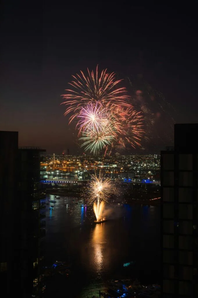 fireworks from a barge on the Yarra in Melbourne