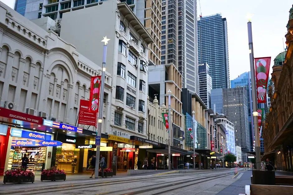 A bustling Sydney street scene with christmas decorations