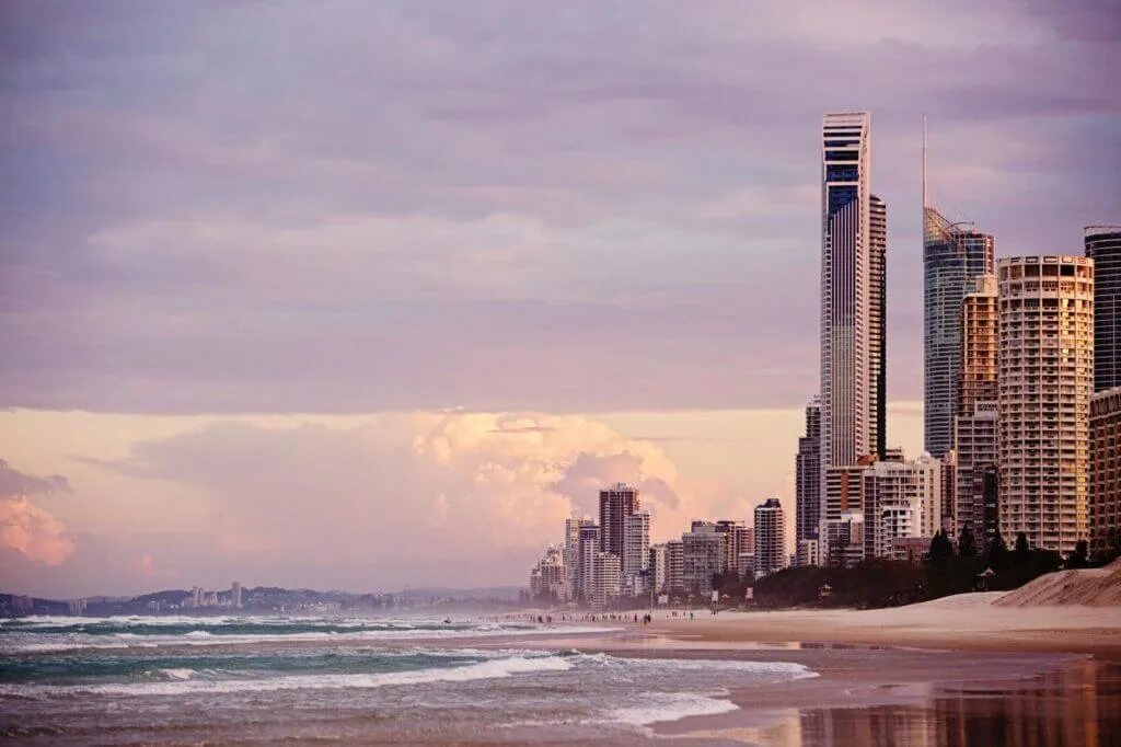 Skyline of Surfers Paradise at sunset nightlife