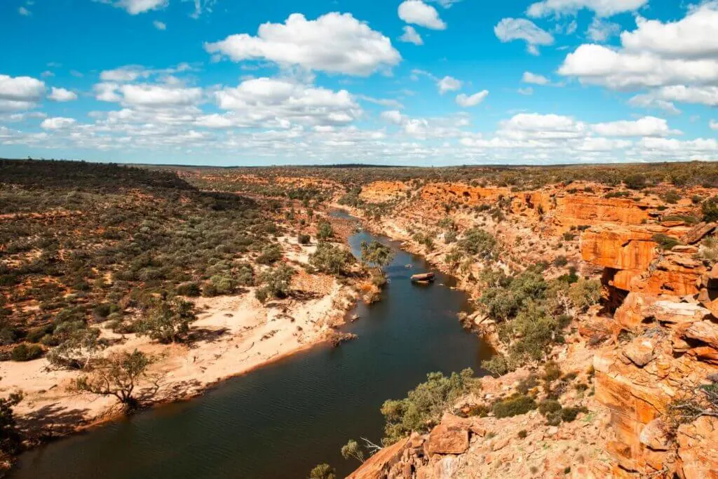 Breathtaking view of Murchison River canyon and arid landscape in Kalbarri National Park, Western Australia.