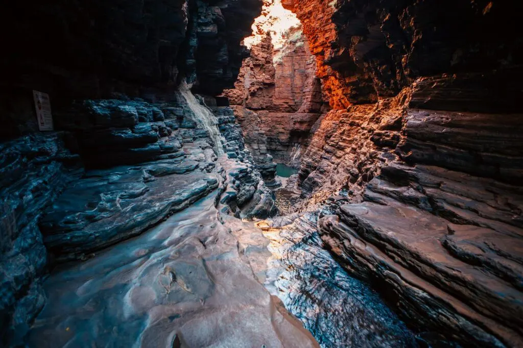 Breathtaking view of the red rock formations in Karijini National Park gorge.